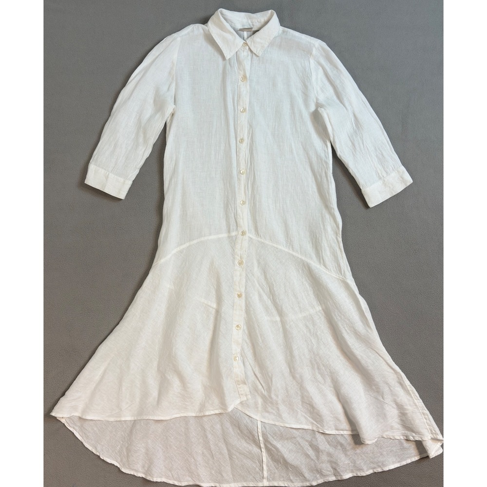 Chico's Linen Button Up Dress US 2 / 00 White Button Down Hi-Low Midi Casual
